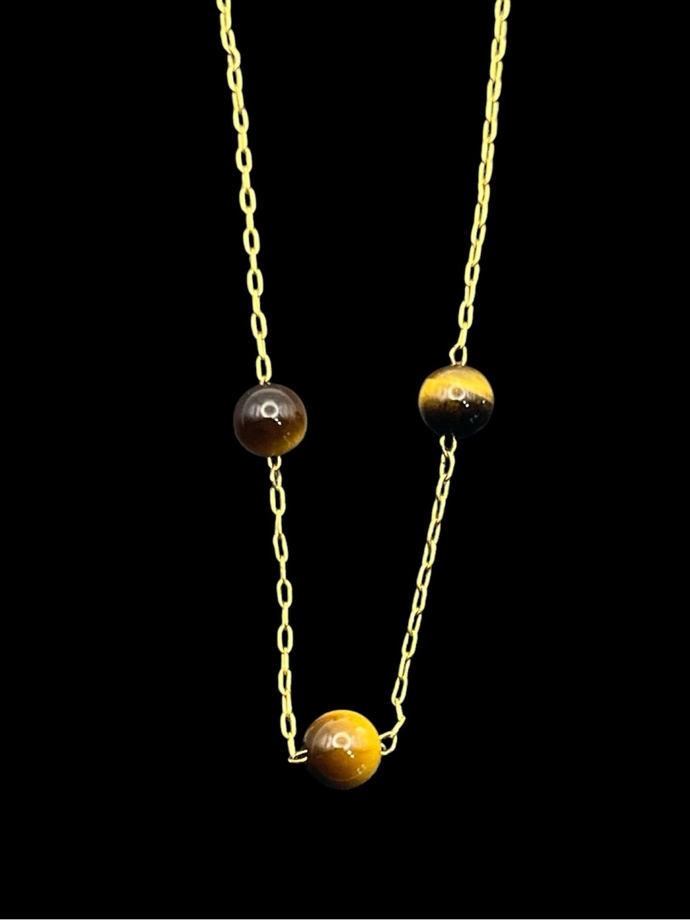 12k gold filled dainty chain necklace 3 tiger’s eye brown beads Van Dell vintage